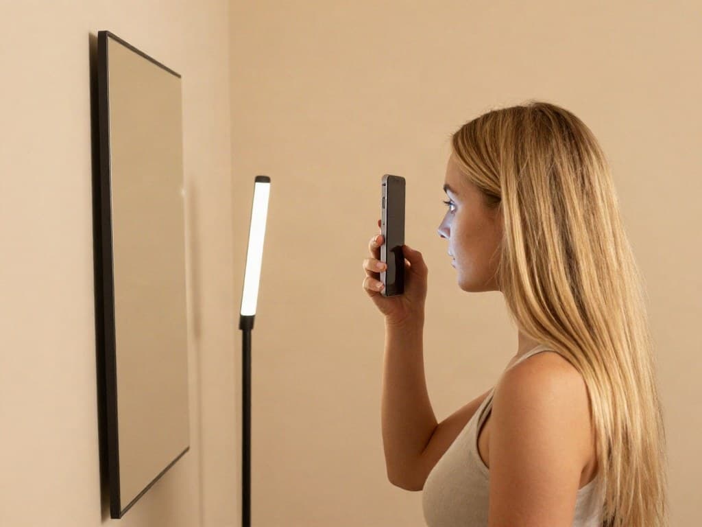 Side view at the mirror: the phone held upright a few centimetres away from her face instead of touching it