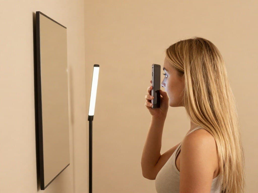 Side view: she faces a wall mirror, one floor lamp beside her level with her eyes, the phone upright with its back resting on her brow