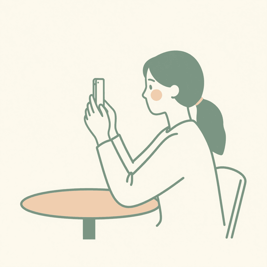 An elbow braced on a table holding the phone steady close to an eye